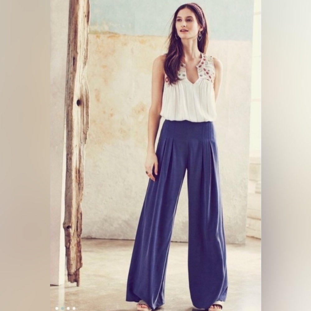 Anthropologie Elevenses Wide Leg Pleated Navy Blue Trousers